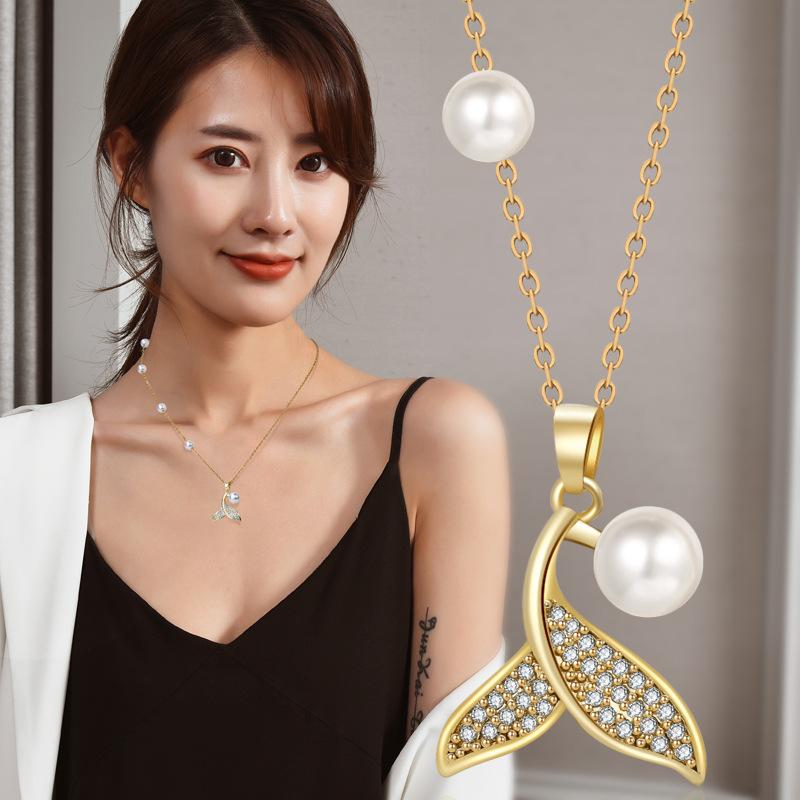Titanium Steel Necklace Ins Female Fishtail Pearl Necklace Fashion Versatile Collarbone Chain Temperament Pearl Chain With Jewelry