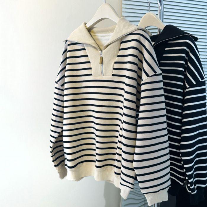 BF Striped Polo Collar Fleece Sweatshirt - Women's Autumn Winter Korean Style Casual Half Zip Top