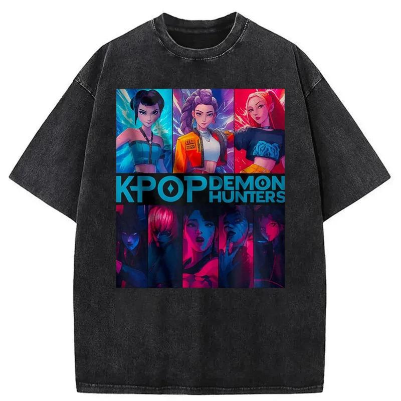 Summer Vintage KPop Demon Hunters Tiger Washed Cotton T-shirts for Men Harajuku Round-neck Heavy Tshirts Oversize Unseix Tee Top