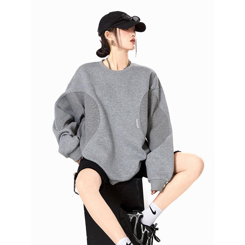 ICH MODE Women s American Retro Color Block Loose Fit Sweatshirt M