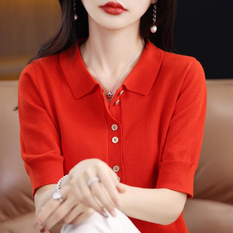 Summer Sweater Short-sleeved Womens Button One Tone Pullover Bottom Blouse Top