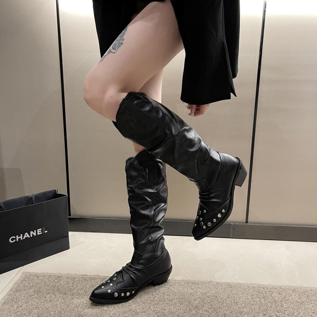 Fashion British Retro Pointed Western Cowboy Boots Rivet V-mouth Versatile Knight Boots