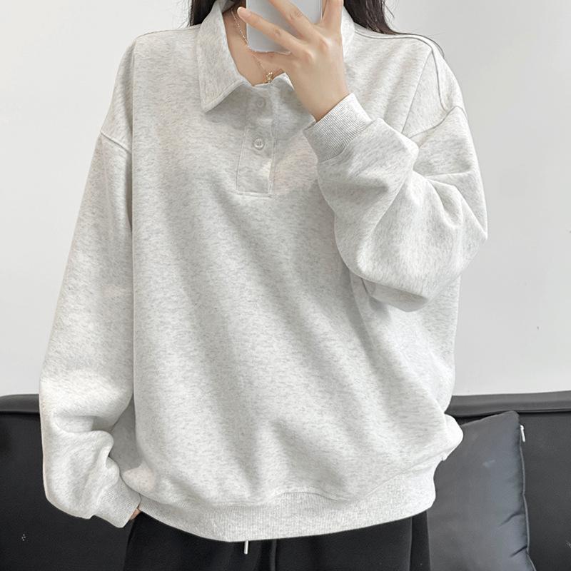 

Women s American Solid Polo Collar Sweatshirt - 2025 Spring/Autumn Loose Fit Long Sleeve Slimming Top Small серый/белый