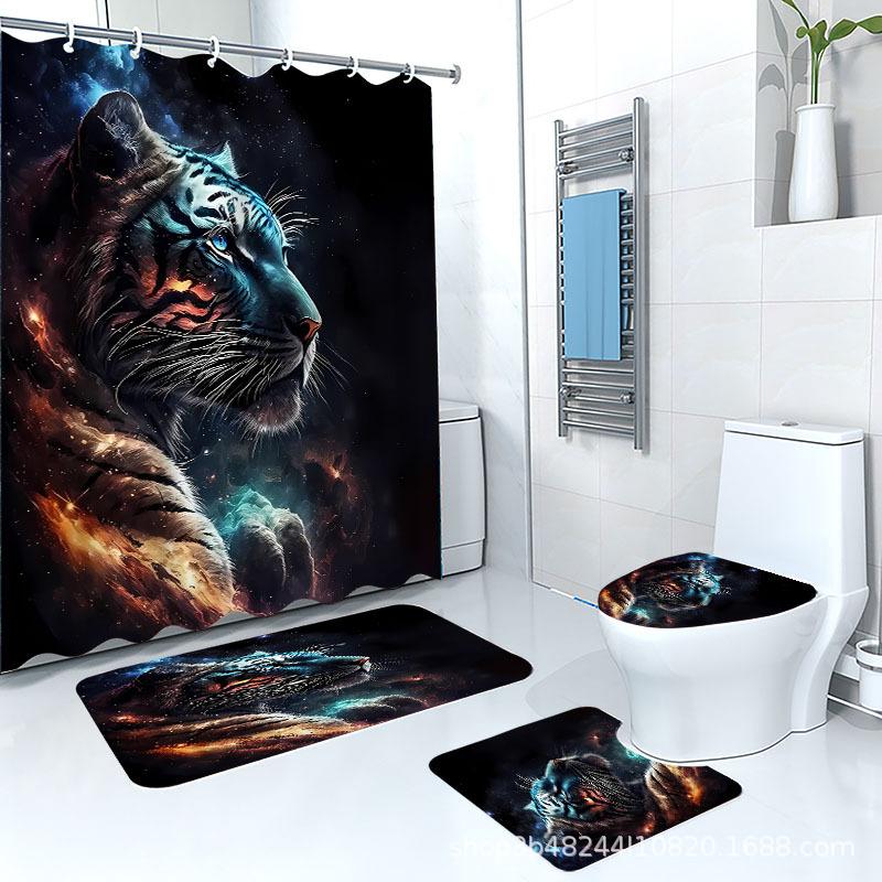 Direct Supply Digital Printing Tiger Lion Flower Animal Bathroom Curtain Non-Slip Floor Mat Bathroom Four-Piece Set
