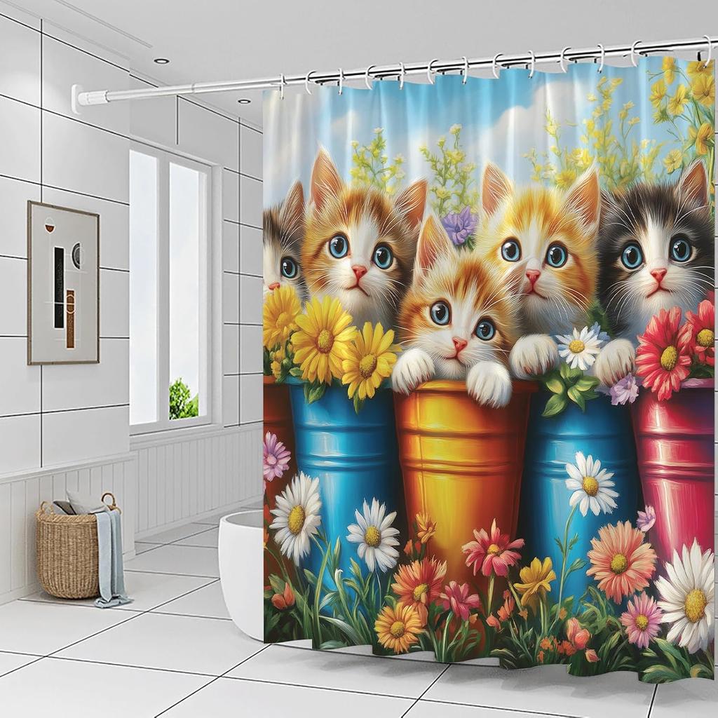Cute Cat Shower Curtains Funny Animals Spring Daisies Flower Plants Pet Kitty Pattern Print Bathroom Decor Polyester Fabric