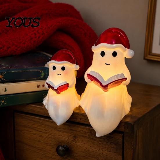 Cute Resin Ghost Figurine Reading Book Lamp, Christmas with Santa Hat, Atmosphere Night Lamp Warm Lighted Halloween Light for Bedroom, Shelf, Tabletop
