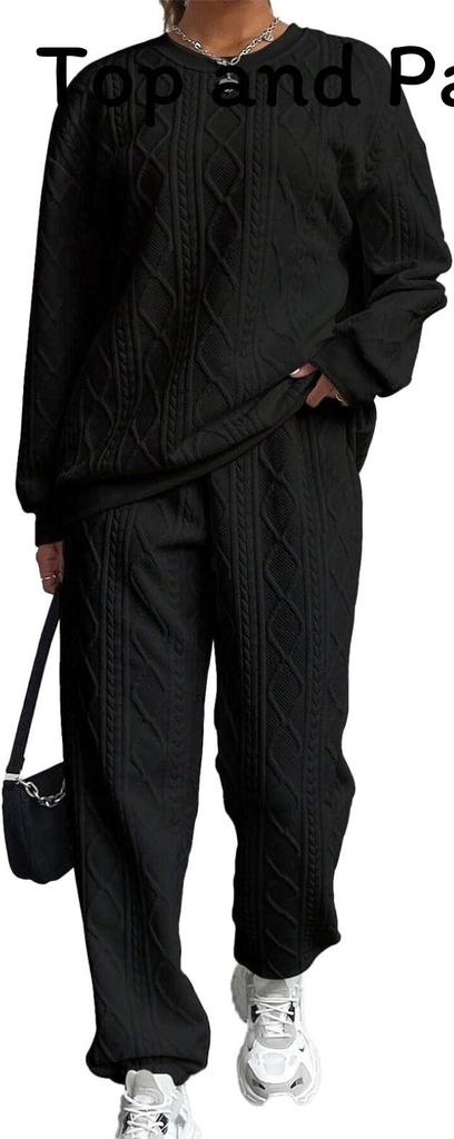 Autumn Winter Trendy Geometric Pattern Knit Pantsuit For Women Casual Lounge Wear