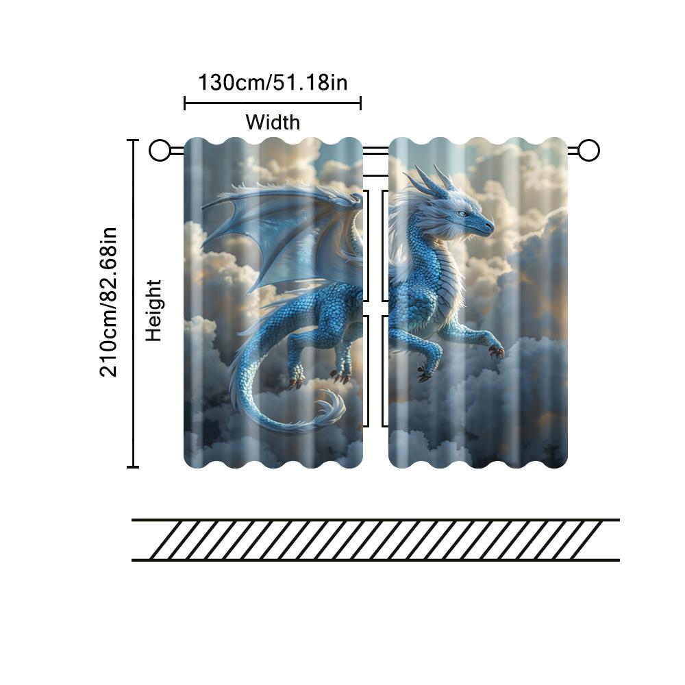 2 Pcs, Filtering Curtains (excluding Rods, Non-movable, Without Batteries) Blue Cloud Dragon (2) for Use In Bedrooms and Living