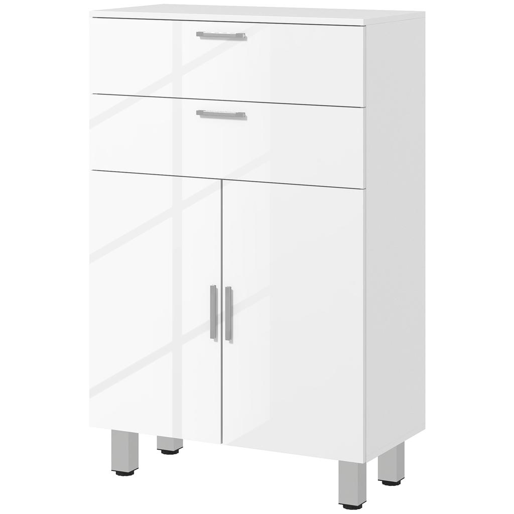 Bathroom Cabinet With 2 Drawers Double Door Cupboard And Adjustable Shelves 60 X 30 X 93 Cm Glossy White
