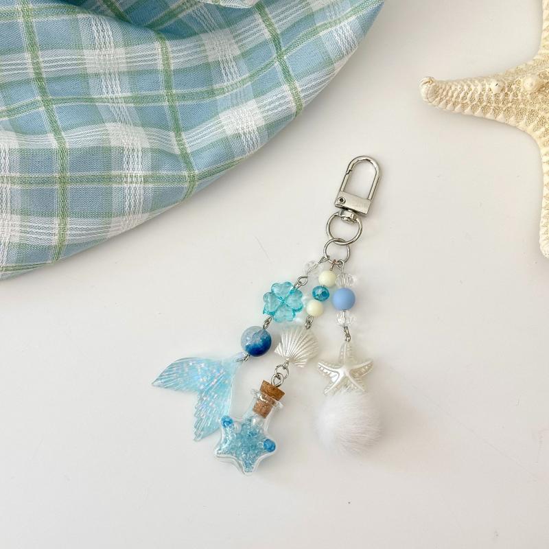 Fantasy Ocean Drift Bottle Keychain Fishtail Starfish Charm Pendant Keyring Jewelry For Girl Women Gift Bag Decoration