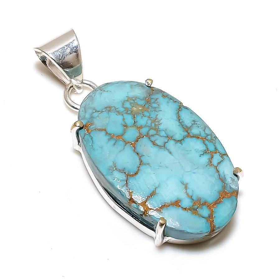 Pierre précieuse Turquoise Tibétaine Argent Sterling Massif 925 Bijou Pendentif 1.77" SU-10226