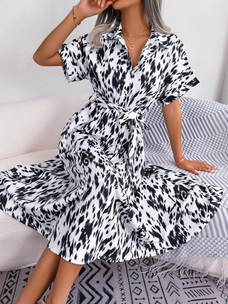 2025 Spring/Summer Casual Leopard Print Tie-Up Shirt Dress for Women