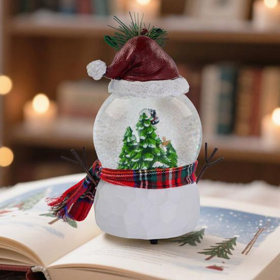 Christmas Faux Crystal Ball Ornament Cartoon Scarf Snowman Snow Ball with Music Box Home Office Holiday Party Desktop Decoration