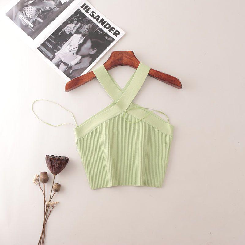 American Fashion Brand Cross Hanging Neck Cami Summer Rib Solid Sexy Short Knitted Top Women
