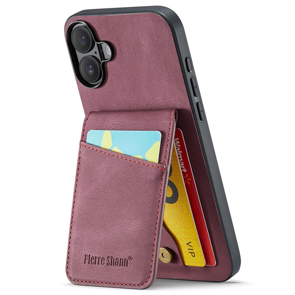 FIERRE SHANN For iPhone 16 Plus Case Card Holder Kickstand Leather RFID Blocking Back Cover