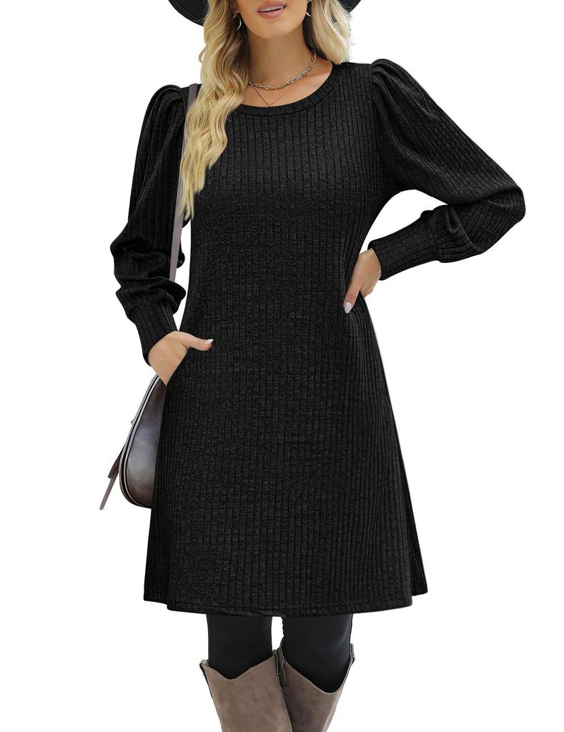 European & American Fashion Knitted Puff Sleeve Dress - Women's Autumn/Winter Casual Loose Fit with Pockets