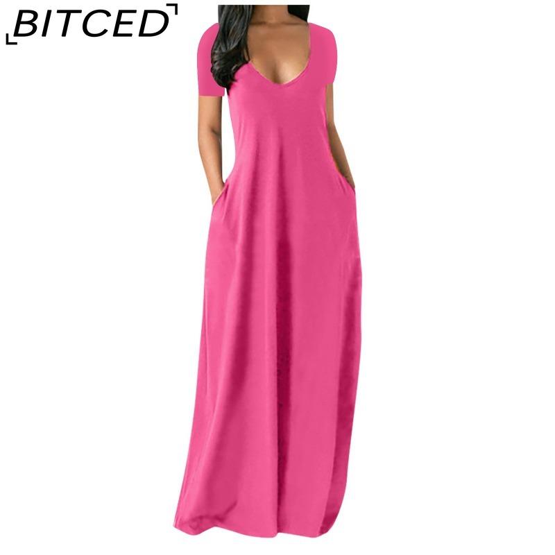 BITCED Summer Plus Size Women's Solid Colour Sensual Deep V-Neck Short-Sleeved Pocketed Maxi Dress