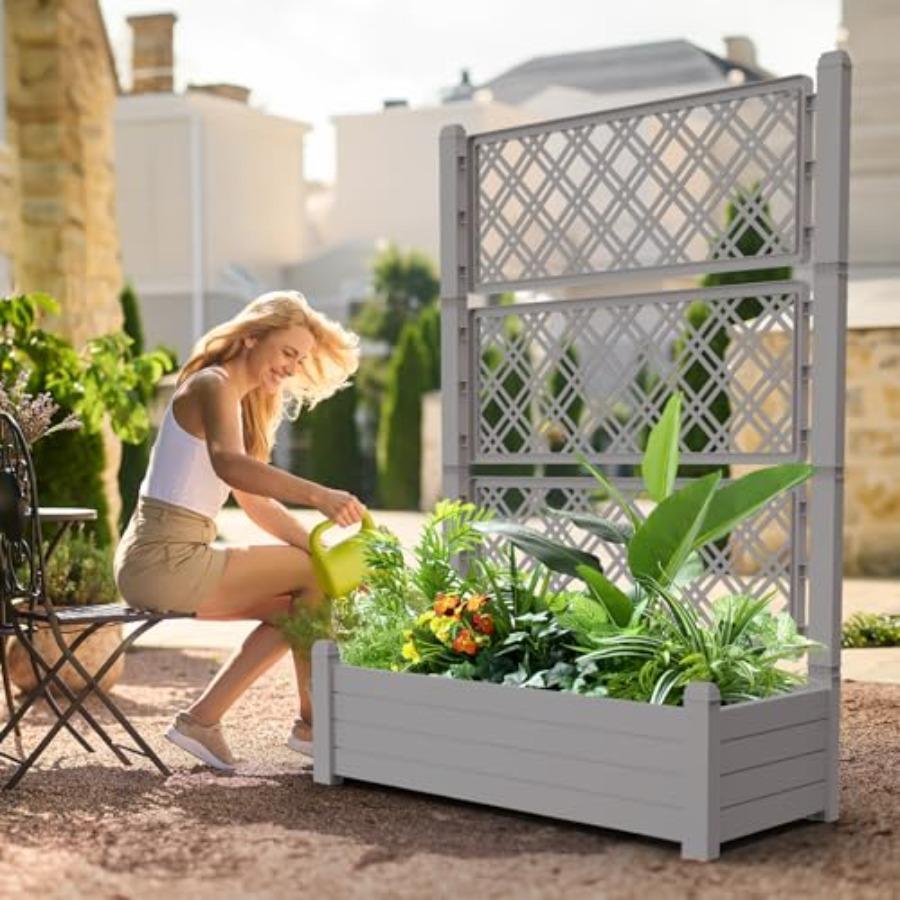 Raised Garden Bed with Trellis for Climbing Plants Durable Dust-Proof Resin Planter in Green with Drainage Plug Water Level Gau