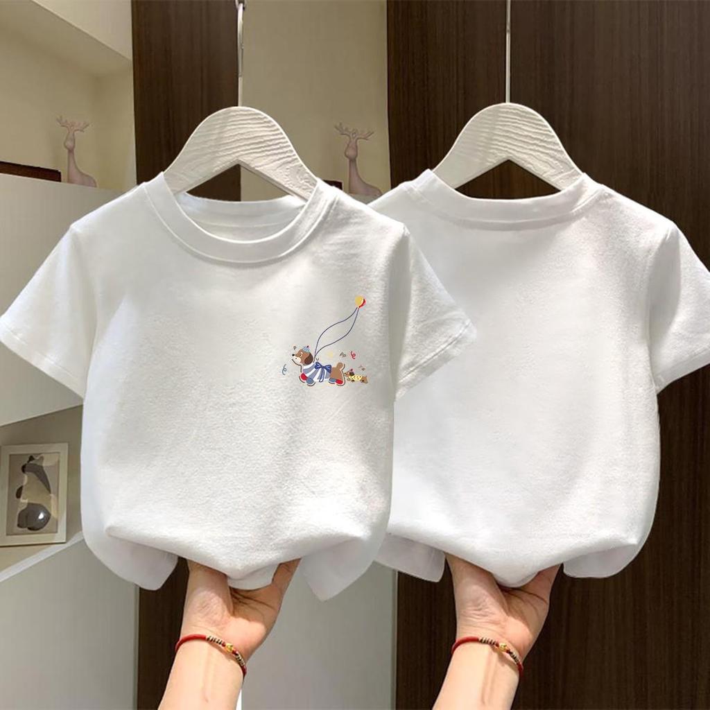 Girls' Summer Loose-Fit White Cotton Half-Sleeve T-Shirt