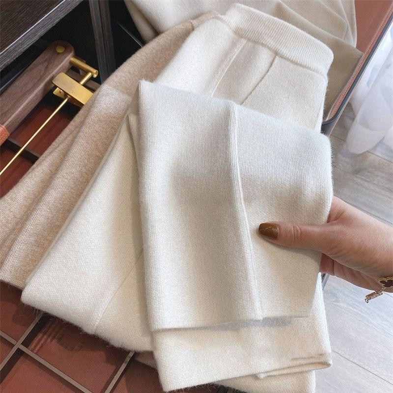 Kötött női nadrág őszi-téli gyapjú széles szárú alkalmi nadrág magas derekú kendővel, kasmír retek nagymama nadrág
