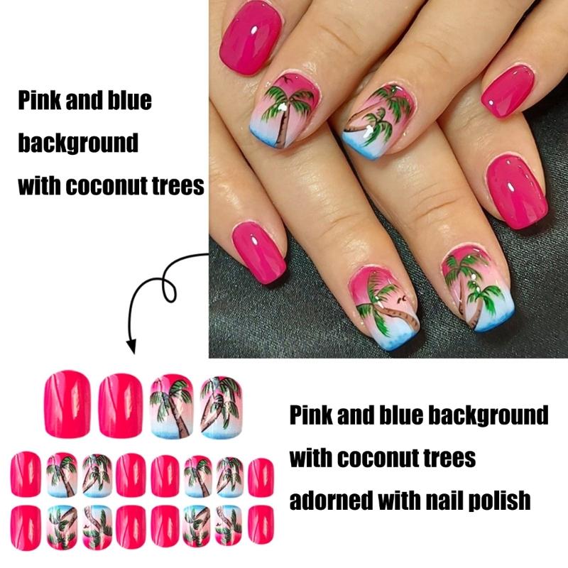24 Pcs Summer Artificial Nail Short Square Full Cover False Nail Glossy Stick on Nail Coconut Tree Press On Nail