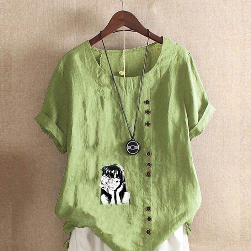 

Women s New Fashion Linen Shirt Round Neck Short Sleeve Masked Girl Printed T-shirt Summer Ladies Casual Plus Size Blouse Tops 5XL зелёный