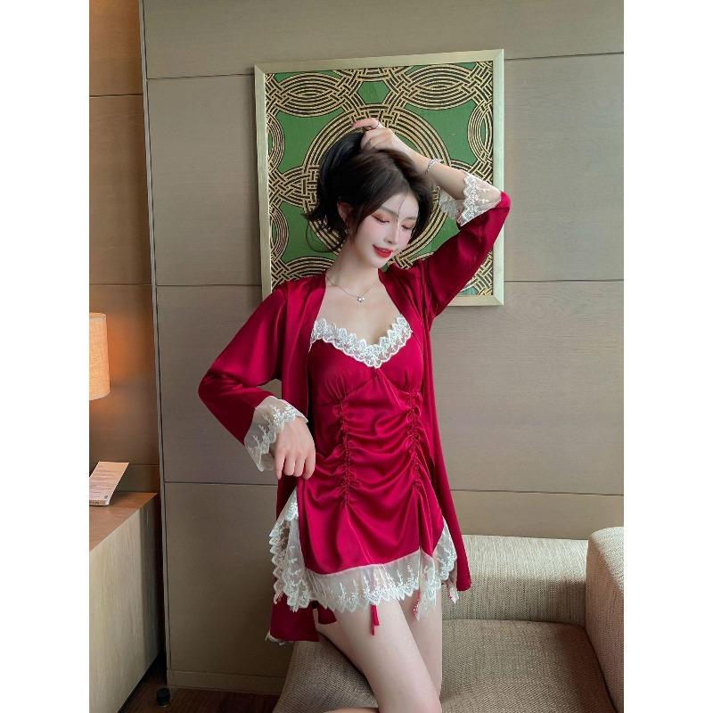 Pajamas Women's Summer Ice Silk Nightgown Two-piece Set High-end New Pure Desire Sexy Loungewear Spring and Autumn
