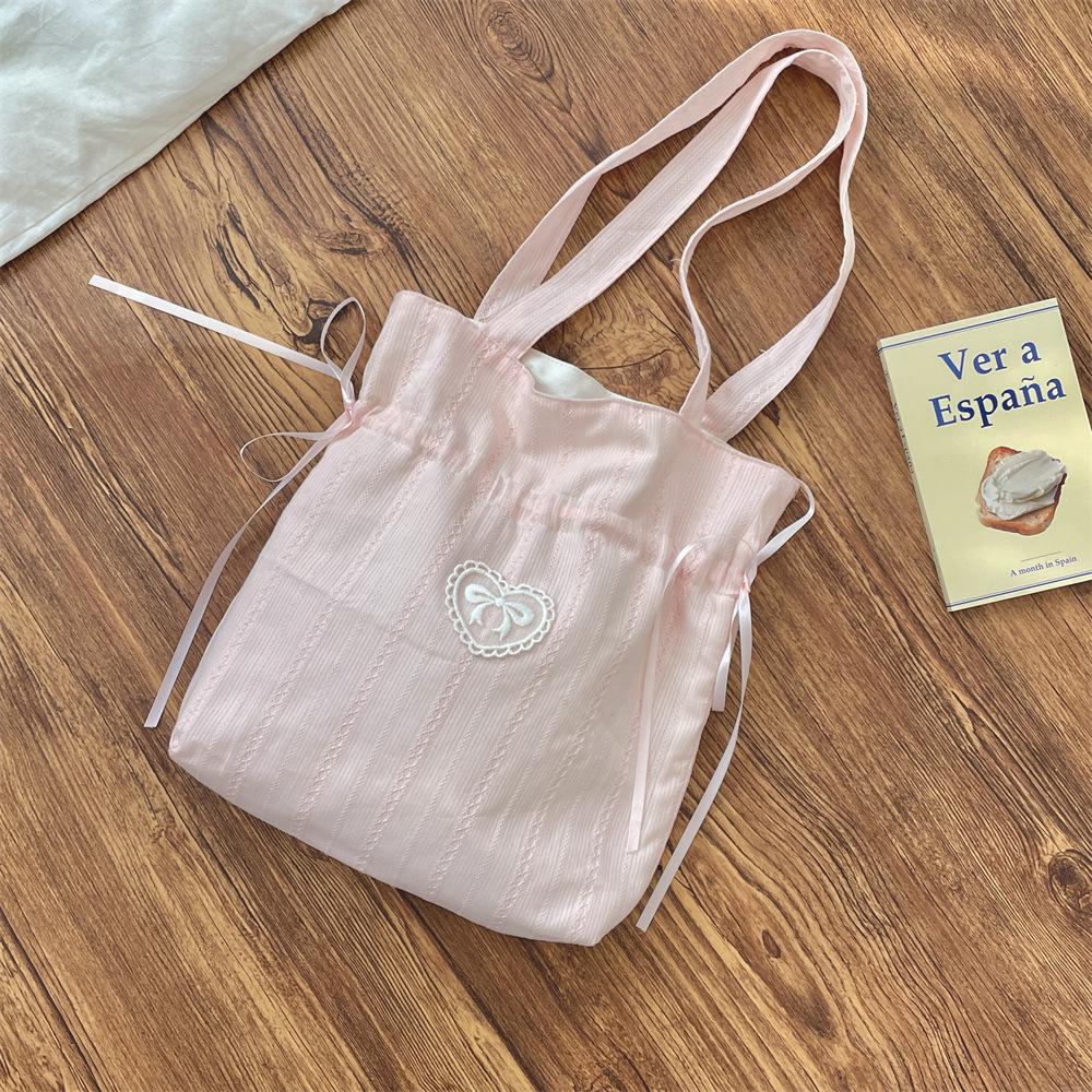 Sweet Bowknot Girls Drawstring Shoulder Bags Heart Embroidery Lightweight Women's Handbags Portable Female Tote Shopping Bag