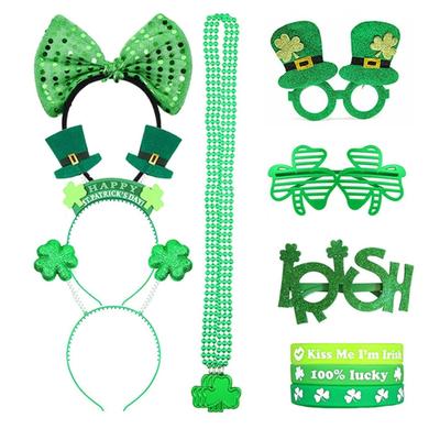 St Patricks Day Women Shamrock Headband with Bangles&Beads Necklace&Glasses Festival Costume for Cosplay Performances