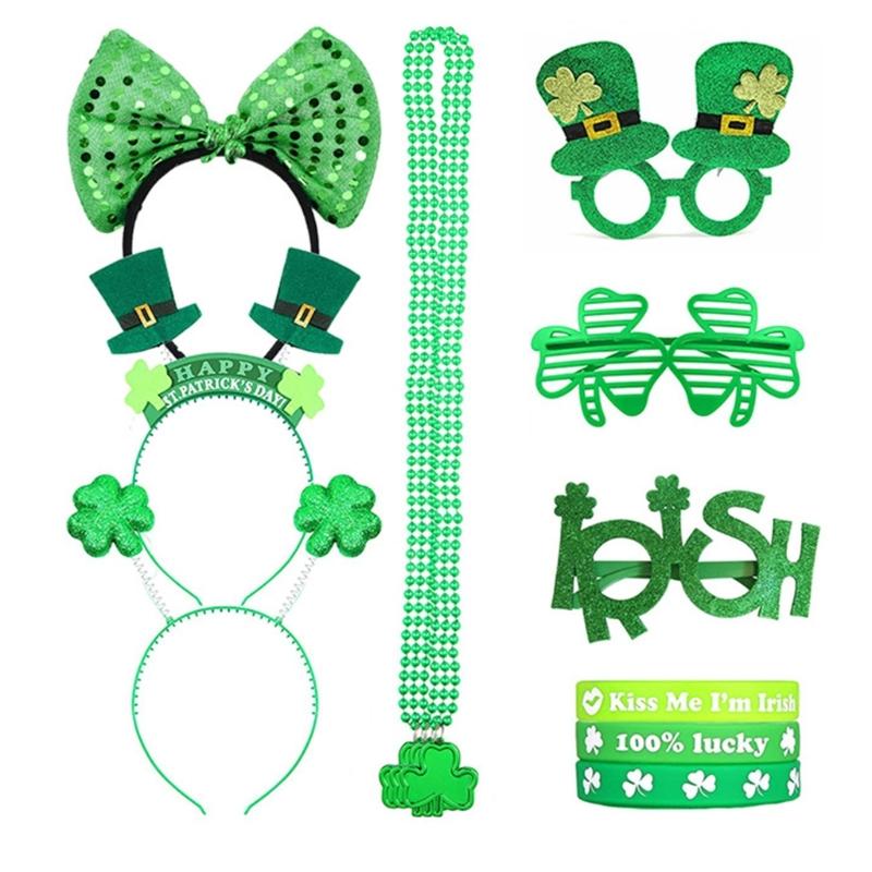 St Patricks Day Women Shamrock Headband with Bangles&Beads Necklace&Glasses Festival Costume for Cosplay Performances