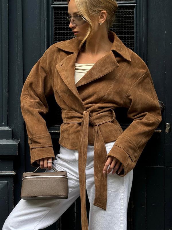 European & American Women's Suit Collar Tie Short Jacket for Spring & Autumn 2025