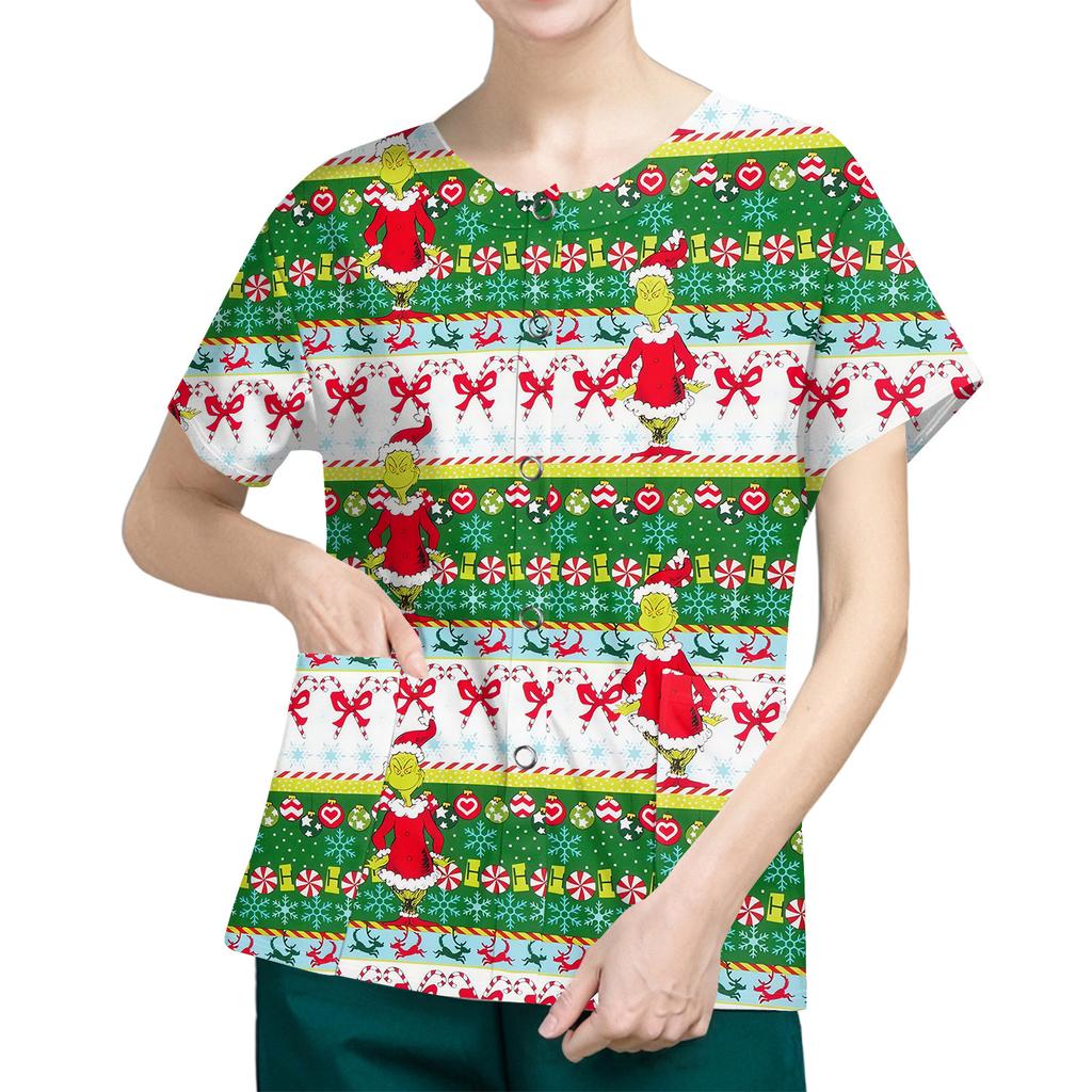 Women's Short Sleeved Patterned Pockets, Work Print Stand Up Collar, Single Breasted Protective Clothing, Cardigan Jacket, Top