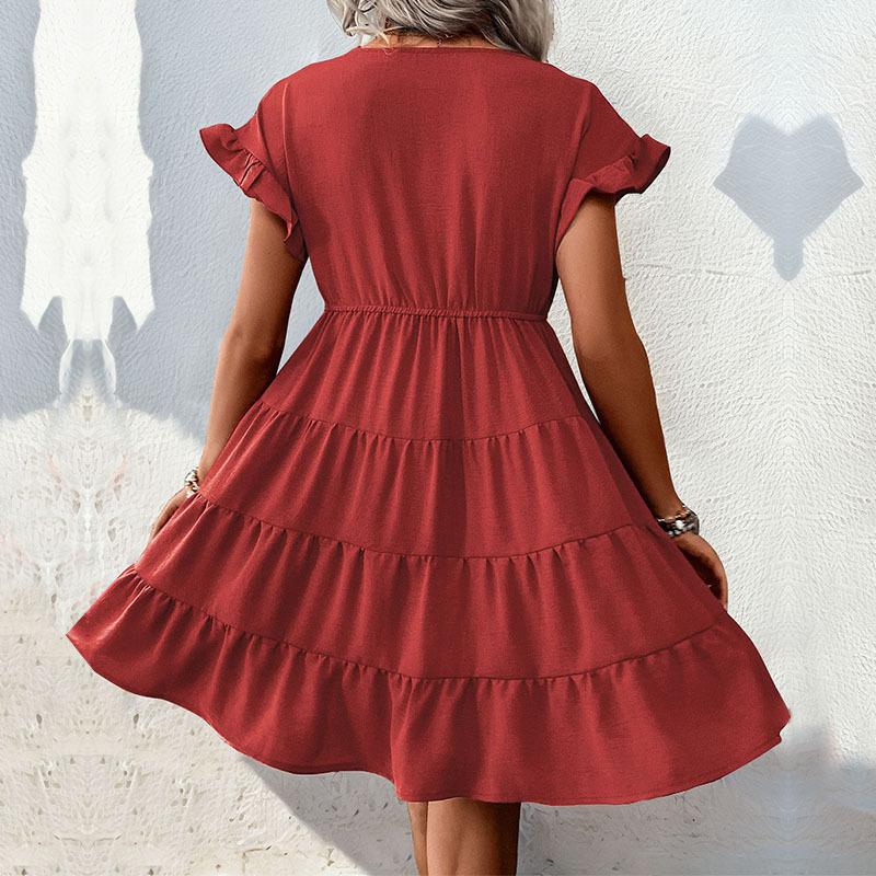 New summer women's clothing wrap shoulder sleeves solid color dress