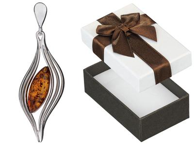 Silver Marquise Pendant with Amber Women's Filigree Silver Pendant 925