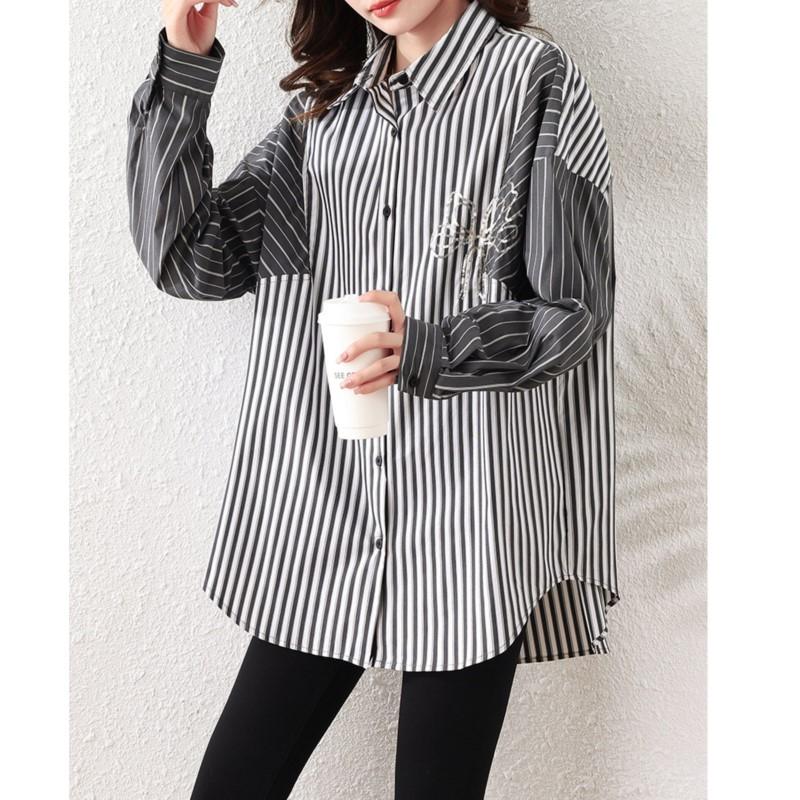 Johnature Spring Autumn Polo Neck Stripe Stitched Long-sleeved Shirt Tops Casual Simple Loose Irregular Women Tops