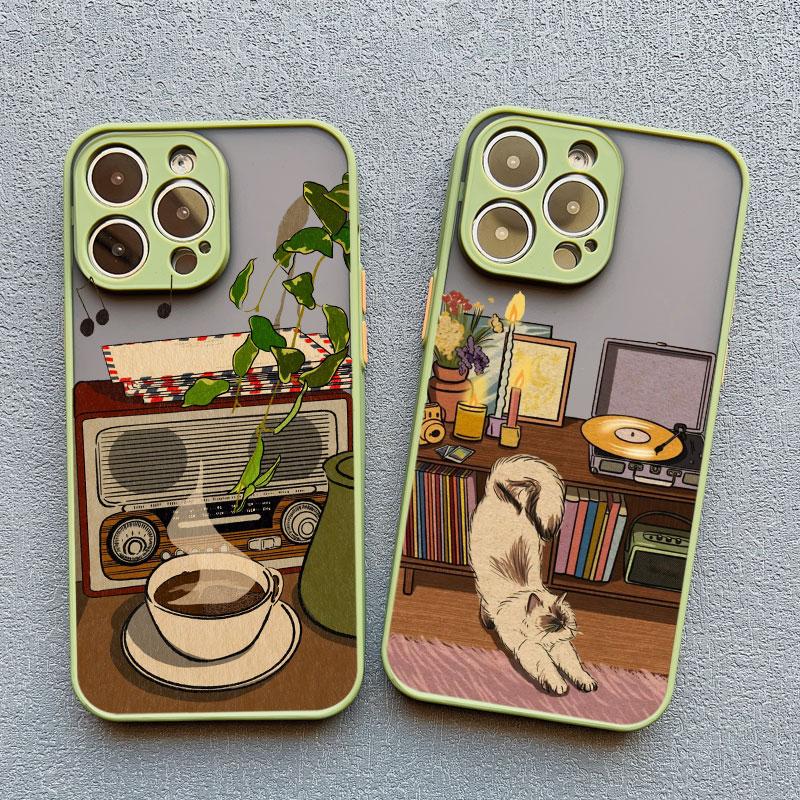 Cartoon Home Furnishing Table Cat Phone Case For iPhone 15 14 13 12 11 Pro Max Mini SE2 15 14 8 7 Plus X XR XS Shockproof Covers