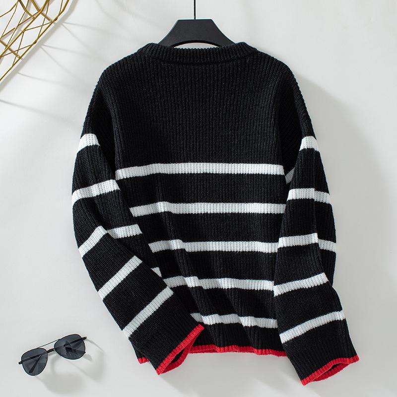 Herbst Winter Vintage Lose Langarm Top Streifen Pullover Strickwaren Oansatz Pullover