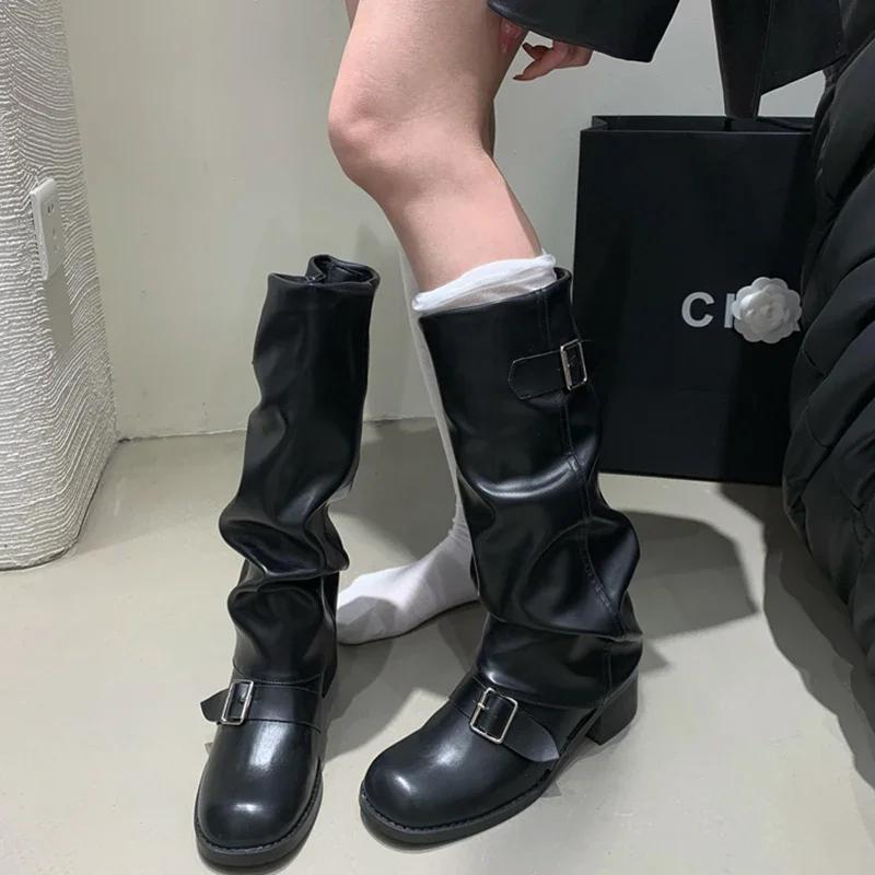 fashion Winter Punk Style Women Knee High Boots Fashion Belt Buckle Knight Long Booties Designer Thick Heels Botas De Mujer