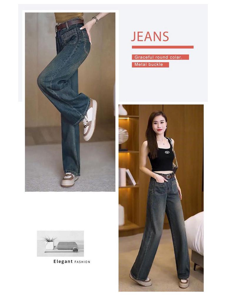 Women's Cement Gray High-Waist Slim Jeans with Stylish Pockets - Spring/Autumn Loose Wide-Leg Floor-Length Trousers