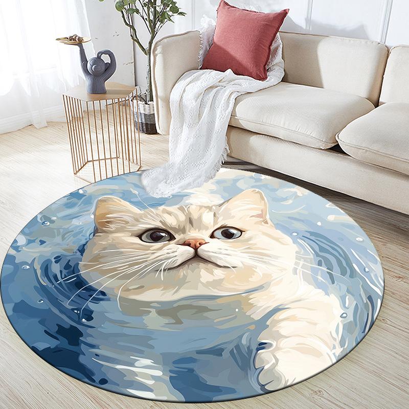 Water Ripple Cat,Round Area Rug,Carpet Rug for Living Room Bedroom Sofa Playroom Decor,Non-slip Floor Mat