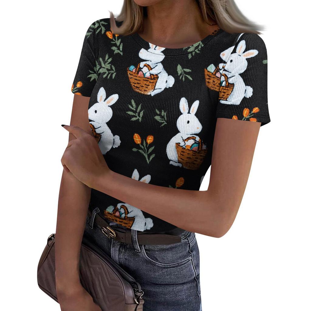 Women's Casual Fashion Round Neck Easter Print Short Sleeve Ribbed Top