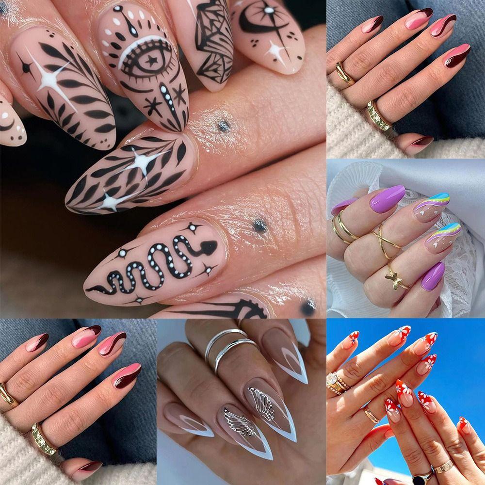 

24 шт. Съемные крылья волнистые накладные ногти поддельные накладные ногти глаза змеи французский длинный миндаль