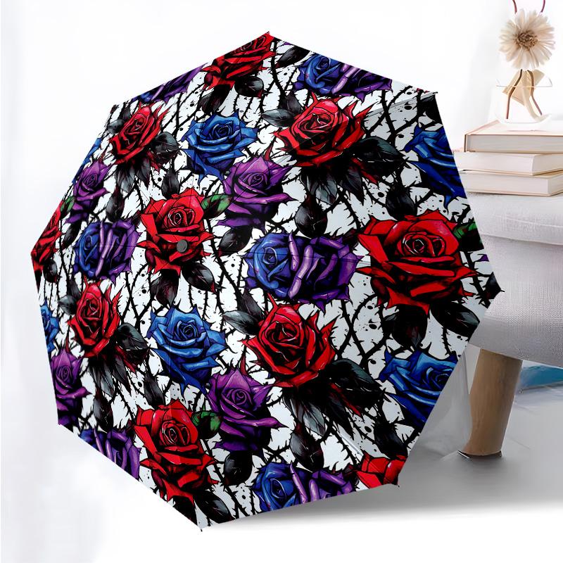 Flowers Florals Themed Folding Umbrella Fashion Auto-Open 8 Iron Ribs Plastic Handle Foldable Sunshade Perfect Christmas Gifts