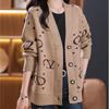 Women's V Neck Printed Knitted Cardigan Autumn Winter Loose Thick Plus Size Sweater Jacket