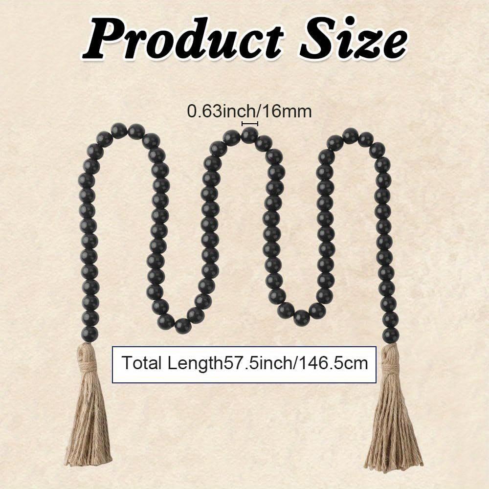 Wood Bead Garland 58 Inch Black Wooden Beads for Boho Farmhouse Table Home Decor with Tassel, Wooden Prayer Bead, Rustic Country Boho Wall Hanging
