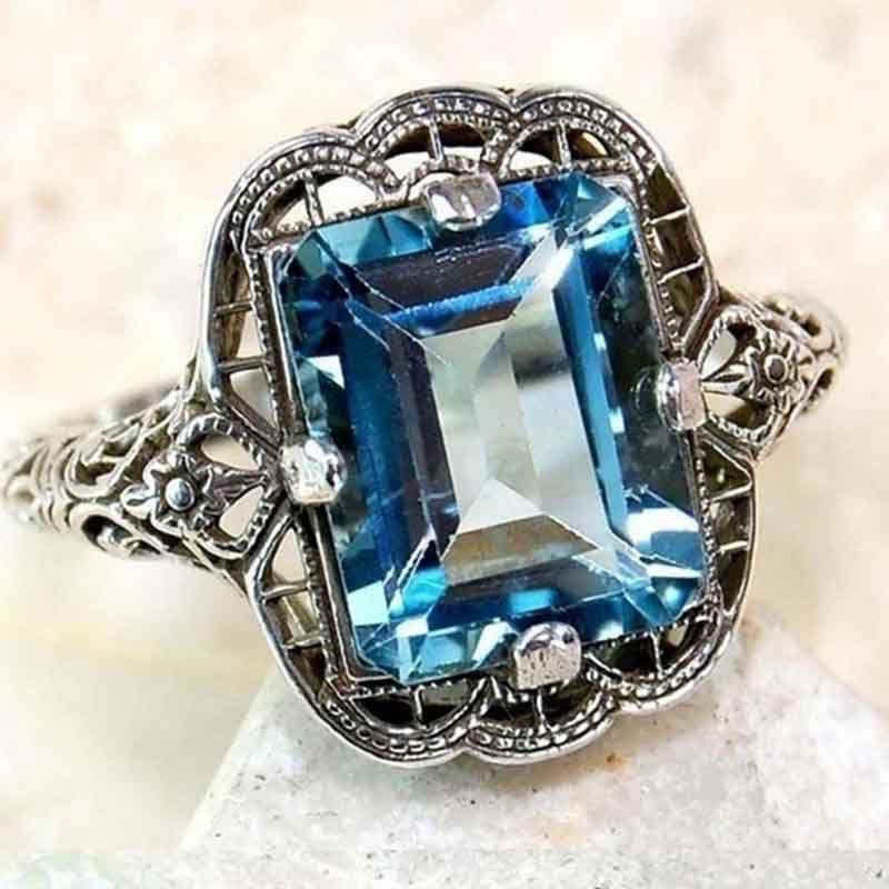 Elegant European Style Jewelry With Classic Square Cut Blue Sapphire Rhinestone Studded Ring