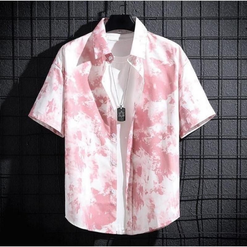 Men s Tie-Dye Print Short Sleeve Casual Shirt S розовый