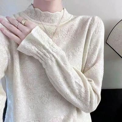 French Romantic Ruffled Collar Inner Lace Base Layer Unique Jacquard Long Sleeve Knitwear Loose Hollow-out Top