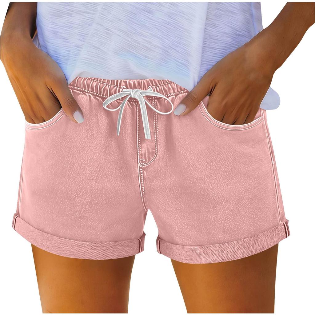 Women's Denim Shorts with Drawstring, Casual Summer Fashion, Stretch Comfort Fit for Beach and Daily Wear