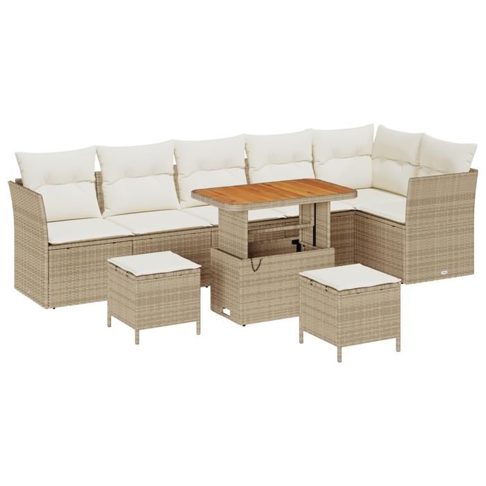 Ensemble de Canapé de Jardin 9 Pièces avec Coussins Beige en Rotin Synthétique Acacia, Ensemble de Salle à Manger de Jardin 3361506